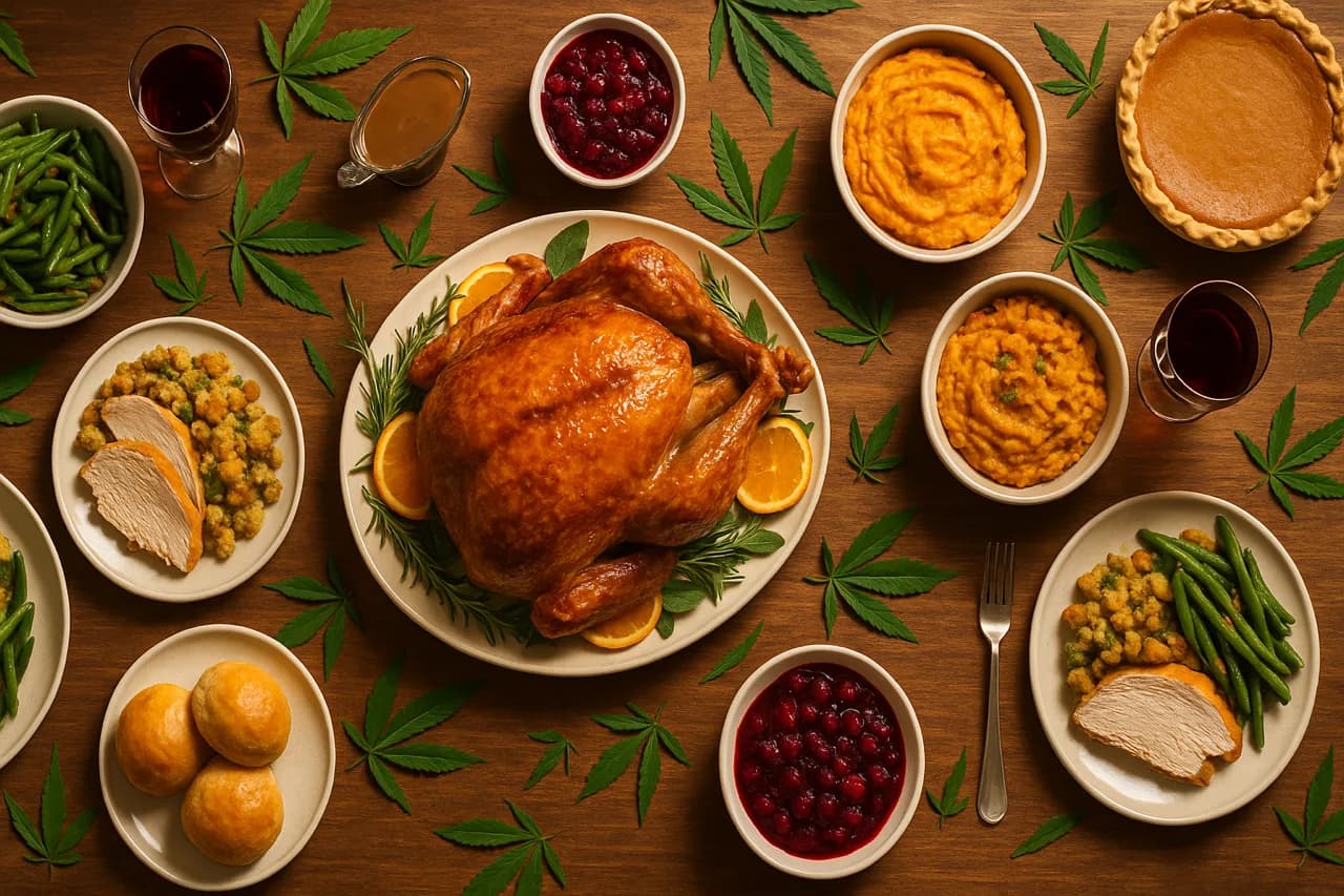 Plant medicine holidays: Thanksgiving Dinner Table with Turkey and all the Trimmings including sacred medicine leaves