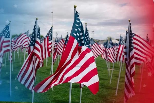 A field of multiple American flags displayed outdoors under a cloudy sky, representing the intense stress of navigating patriotism from afar.
