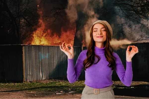 A smiling woman wearing a beret and a purple sweater sitting calmly with her eyes closed against a backdrop of a large fire, illustrating a path to emotional liberation.