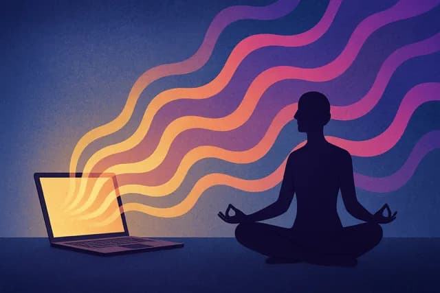 Person meditating beside laptop with colorful waves flowing from screen