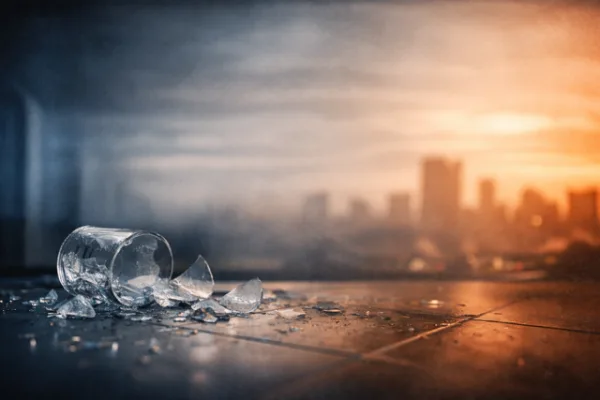 Shattered glass and a city skyline with a golden sunset light in the background