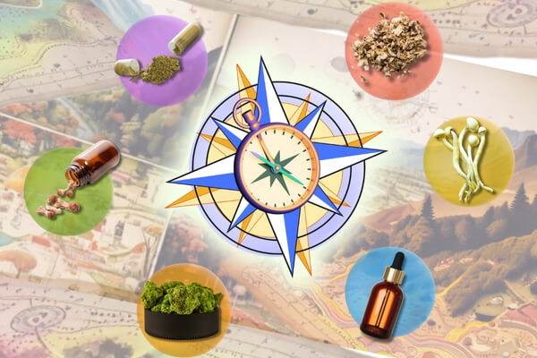Medicine map collage showing forest and mountain paths with glowing mushroom motifs, symbolizing psilocybin paths from microdosing to deep dives
