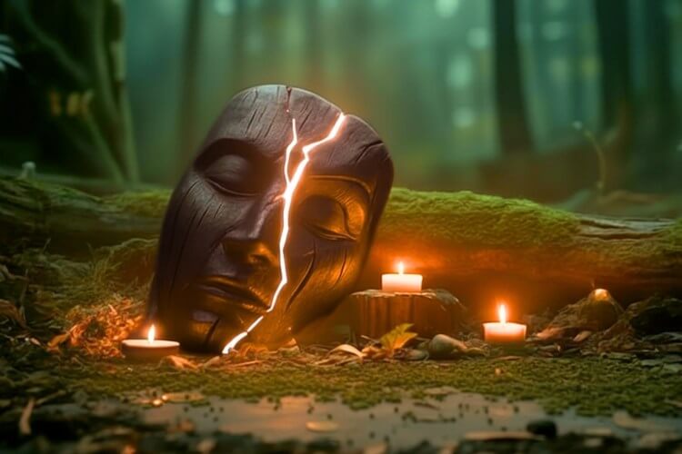 Symbolic image of a cracked ceremonial mask under golden light, representing integrity and accountability in psychedelic healing