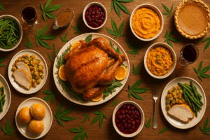 Thanksgiving Dinner Table with Turkey and all the Trimmings including sacred medicine leaves